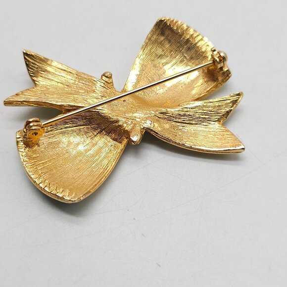 Vintage Green Enamel Bow Brooch Pin Gold-Tone Textured Back - Picture 3 of 4
